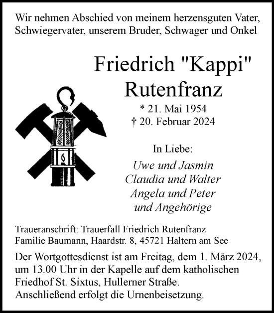 Traueranzeige von Friedrich Rutenfranz von Ruhr Nachrichten und Halterner Zeitung