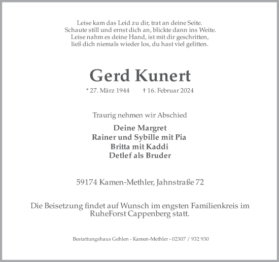 Traueranzeige von Gerd Kunert 