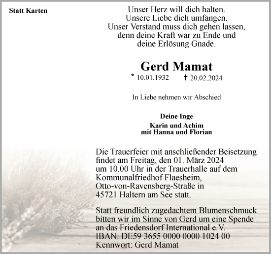 Traueranzeige von Gerd Mamat von Ruhr Nachrichten und Halterner Zeitung