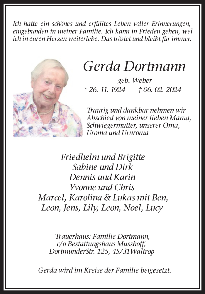  Traueranzeige für Gerda Dortmann vom 10.02.2024 aus Medienhaus Bauer