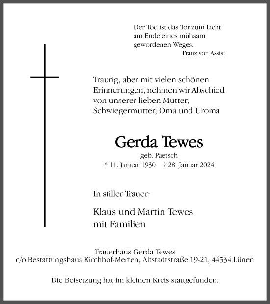 Traueranzeige von Gerda Tewes von Ruhr Nachrichten