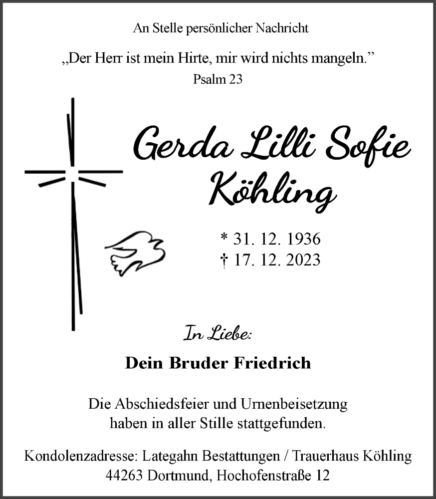  Traueranzeige für Gerda Lilllli Sofifie Köhling vom 10.02.2024 aus 