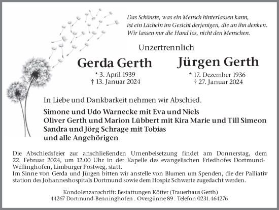 Traueranzeige von Gerda und Jürgen Gerth 