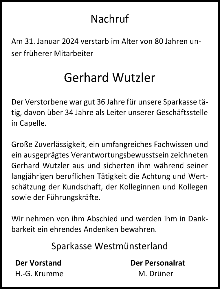  Traueranzeige für Gerhard Wutzler vom 15.02.2024 aus Ruhr Nachrichten