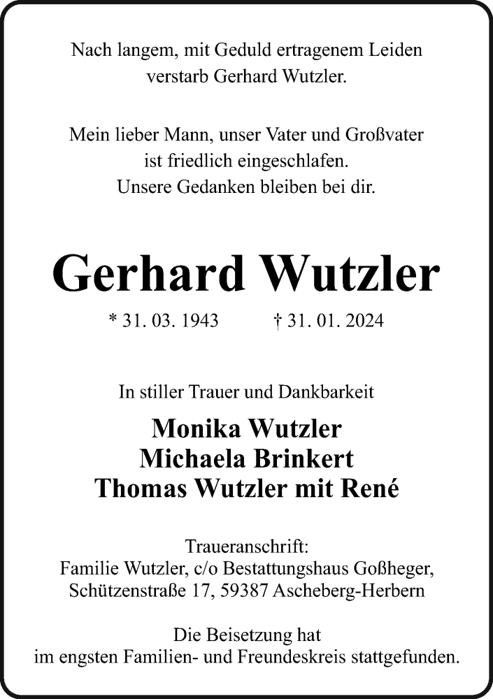  Traueranzeige für Gerhard Wutzler vom 10.02.2024 aus Ruhr Nachrichten