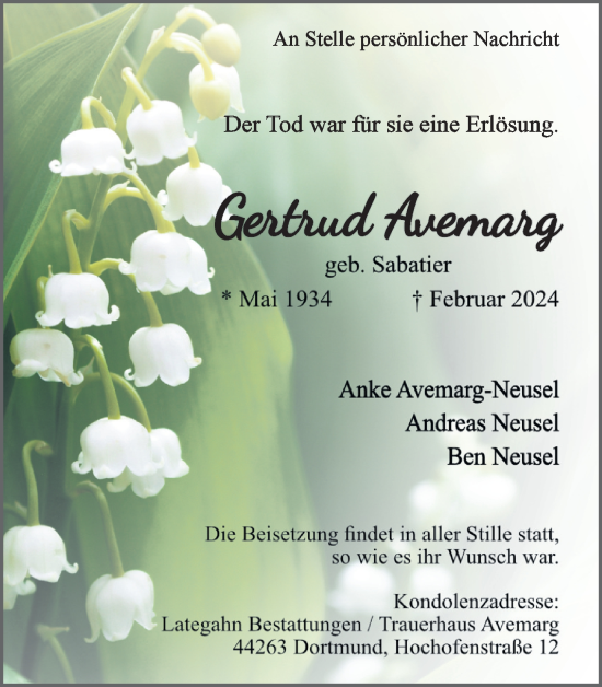 Traueranzeige von Gertrud Avemarg 