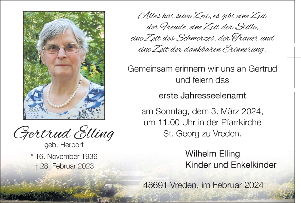  Traueranzeige für Gertrud Elling vom 28.02.2024 aus Münstersche Zeitung und Münsterland Zeitung