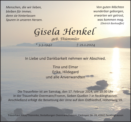 Traueranzeige von Gisela Henkel von Medienhaus Bauer