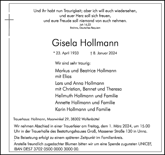 Traueranzeige von Gisela Hollmann von Hellweger Anzeiger