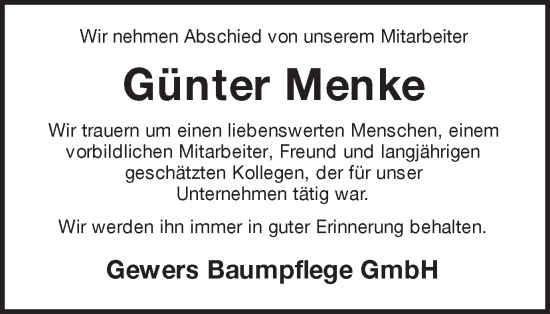 Traueranzeige von Günter Menke von Münstersche Zeitung und Münsterland Zeitung