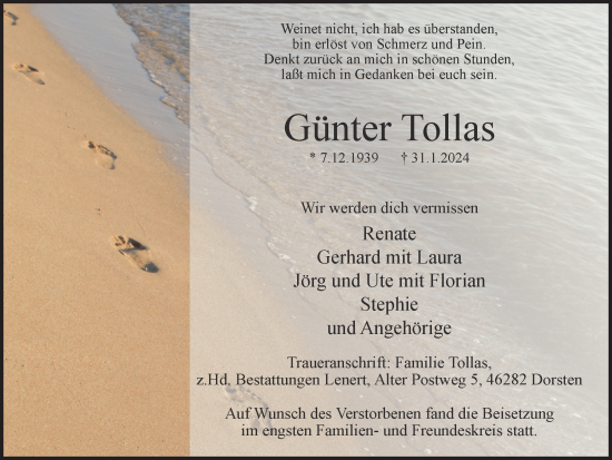 Traueranzeige von Günter Tollas von Ruhr Nachrichten und Dorstener Zeitung