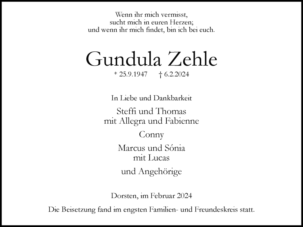  Traueranzeige für Gundula Zehle vom 17.02.2024 aus Ruhr Nachrichten und Dorstener Zeitung