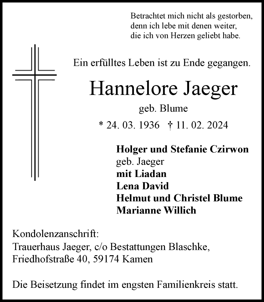  Traueranzeige für Hannelore Jaeger vom 17.02.2024 aus Hellweger Anzeiger