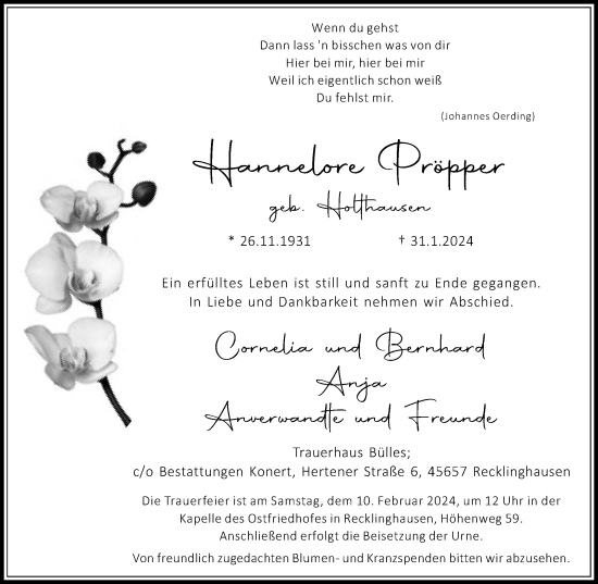 Traueranzeige von Hannelore Pröpper von Medienhaus Bauer