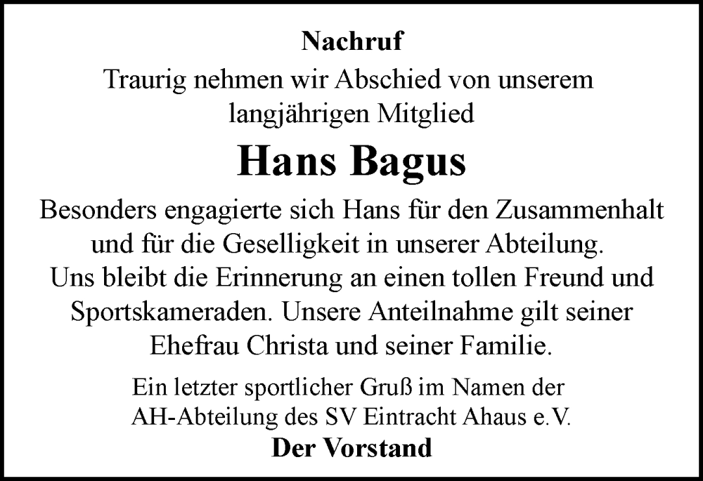 Traueranzeige für Hans Bagus vom 28.02.2024 aus Münstersche Zeitung und Münsterland Zeitung