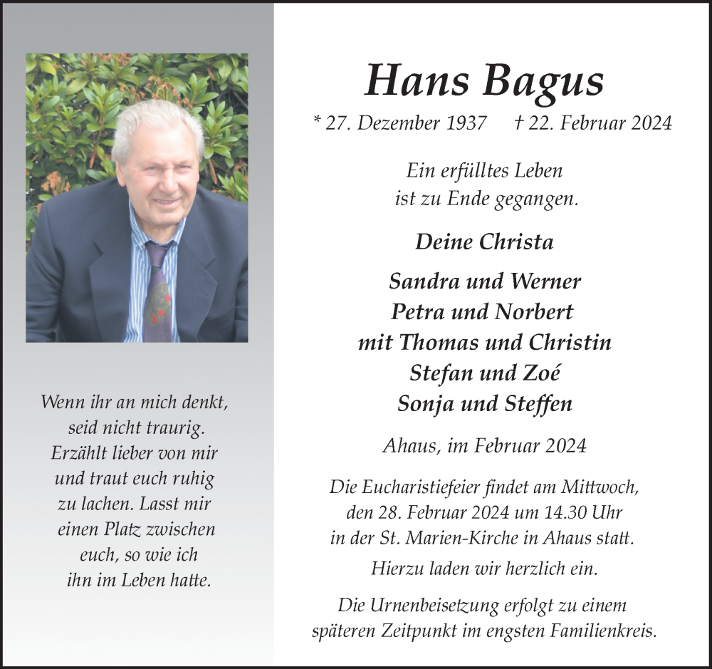  Traueranzeige für Hans Bagus vom 24.02.2024 aus Münstersche Zeitung und Münsterland Zeitung