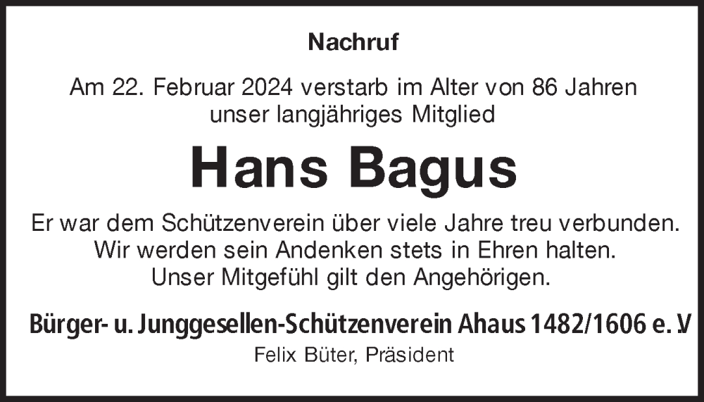  Traueranzeige für Hans Bagus vom 27.02.2024 aus Münstersche Zeitung und Münsterland Zeitung
