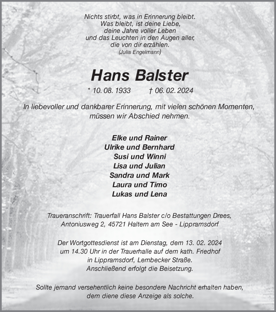  Traueranzeige für Hans Balster vom 08.02.2024 aus Ruhr Nachrichten und Halterner Zeitung