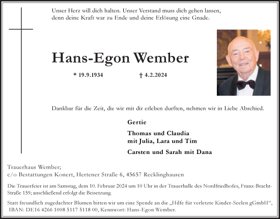 Traueranzeige von Hans-Egon Wember von Medienhaus Bauer
