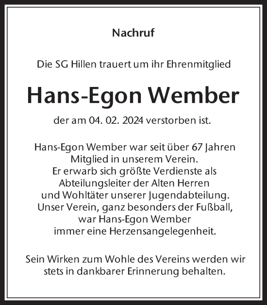 Traueranzeige von Hans-Egon Wember von Medienhaus Bauer