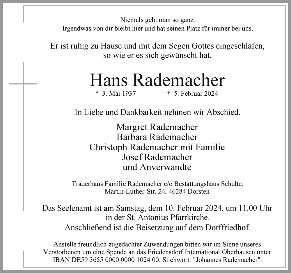  Traueranzeige für Hans Rademacher vom 08.02.2024 aus Ruhr Nachrichten und Dorstener Zeitung