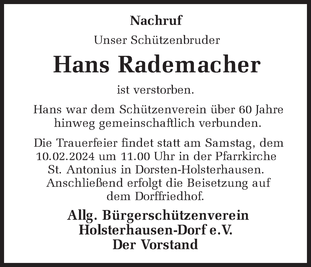  Traueranzeige für Hans Rademacher vom 10.02.2024 aus Ruhr Nachrichten und Dorstener Zeitung