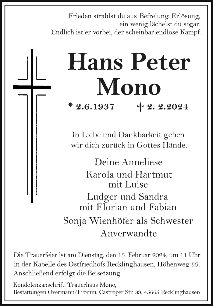  Traueranzeige für Hans Peter Mono vom 10.02.2024 aus Medienhaus Bauer