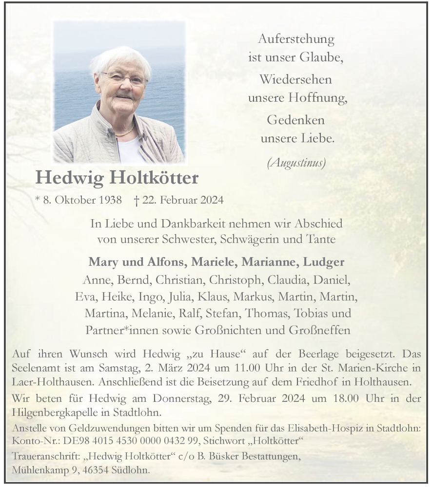  Traueranzeige für Hedwig Holtkötter vom 28.02.2024 aus Münstersche Zeitung und Münsterland Zeitung