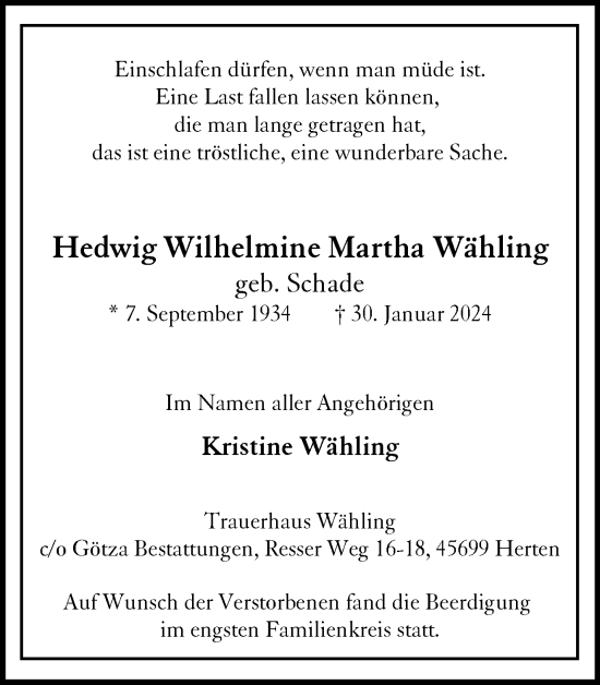 Traueranzeige von Hedwig Wilhelmine Martha Wähling von Medienhaus Bauer