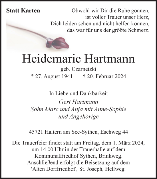 Traueranzeige von Heidemarie Hartmann von Ruhr Nachrichten und Halterner Zeitung