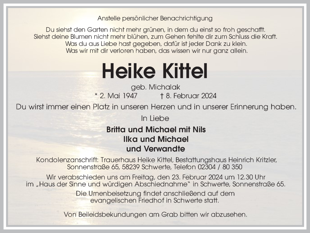  Traueranzeige für Heike Kittel vom 10.02.2024 aus Ruhr Nachrichten