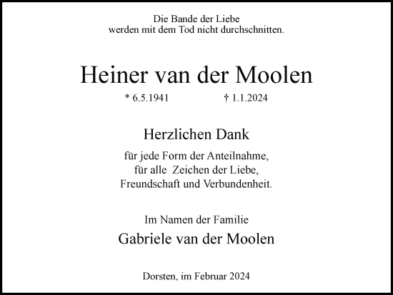 Traueranzeige von Heiner van der Moolen von Ruhr Nachrichten und Dorstener Zeitung