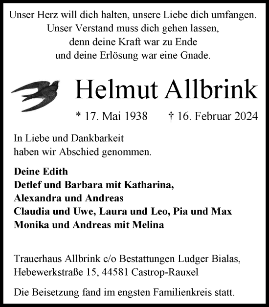 Traueranzeige von Helmut Allbrink 
