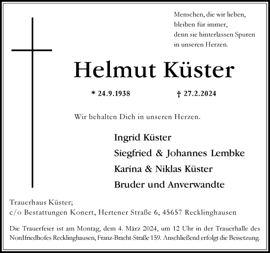 Traueranzeige von Helmut Küster von Medienhaus Bauer