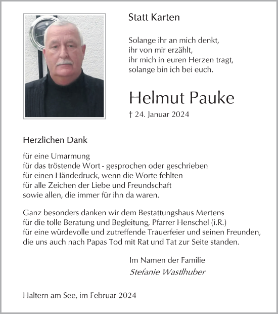 Traueranzeige von Helmut Pauke von Ruhr Nachrichten und Halterner Zeitung