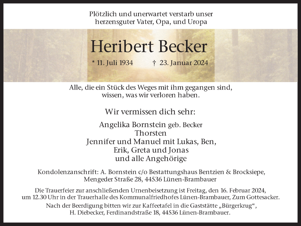  Traueranzeige für Heribert Becker vom 10.02.2024 aus 