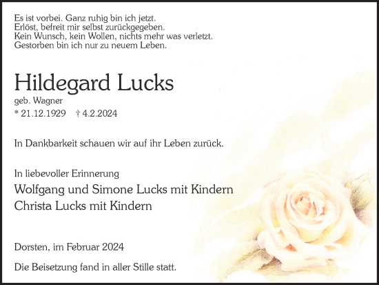 Traueranzeige von Hildegard Lucks von Ruhr Nachrichten und Dorstener Zeitung