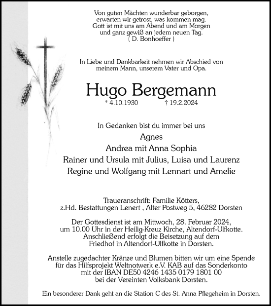 Traueranzeige von Hugo Bergemann von Ruhr Nachrichten und Dorstener Zeitung