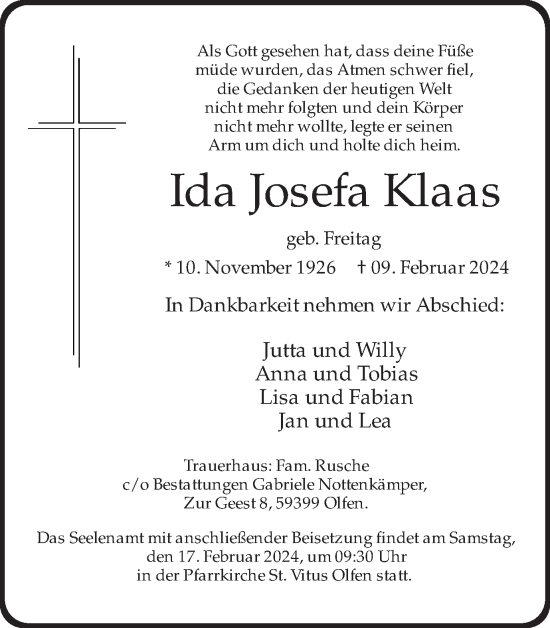 Traueranzeige von Ida Josefa Klaas von Ruhr Nachrichten