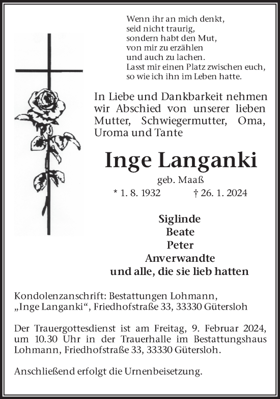 Traueranzeige von Inge Langanki von Hellweger Anzeiger