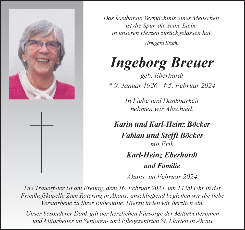  Traueranzeige für Ingeborg Breuer vom 10.02.2024 aus Münstersche Zeitung und Münsterland Zeitung