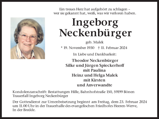 Traueranzeige von Ingeborg Neckenbürger von Hellweger Anzeiger