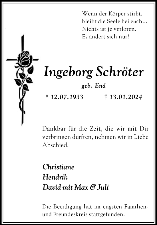 Traueranzeige von Ingeborg Schröter von Medienhaus Bauer
