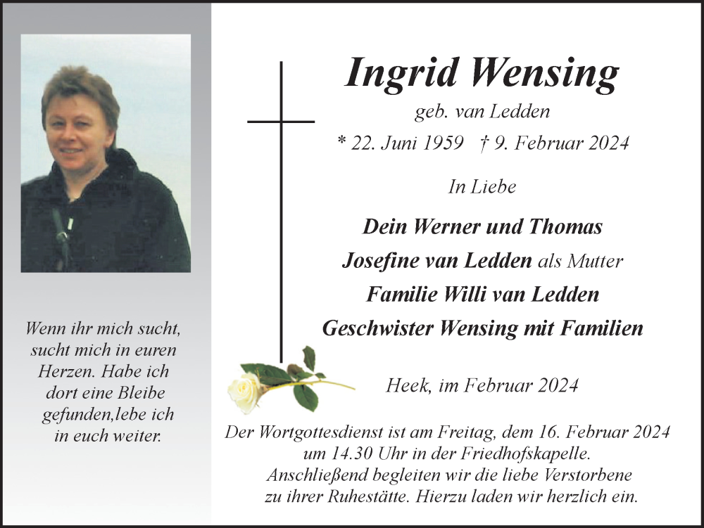  Traueranzeige für Ingrid Wensing vom 13.02.2024 aus Münstersche Zeitung und Münsterland Zeitung