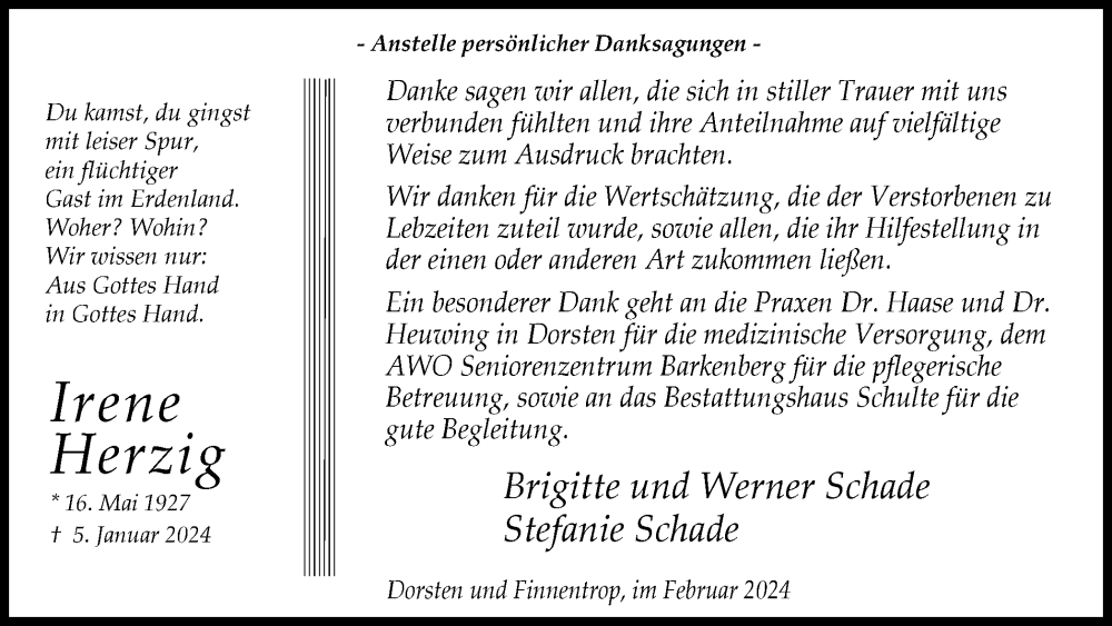  Traueranzeige für Irene Herzig vom 17.02.2024 aus Ruhr Nachrichten und Dorstener Zeitung