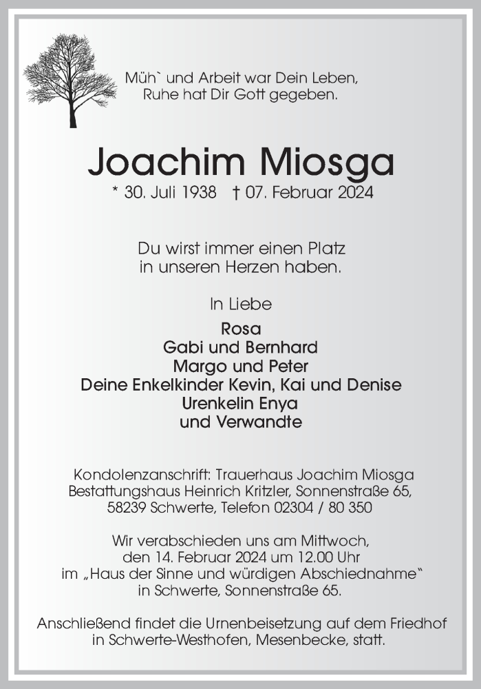  Traueranzeige für Joachim Miosga vom 10.02.2024 aus Ruhr Nachrichten