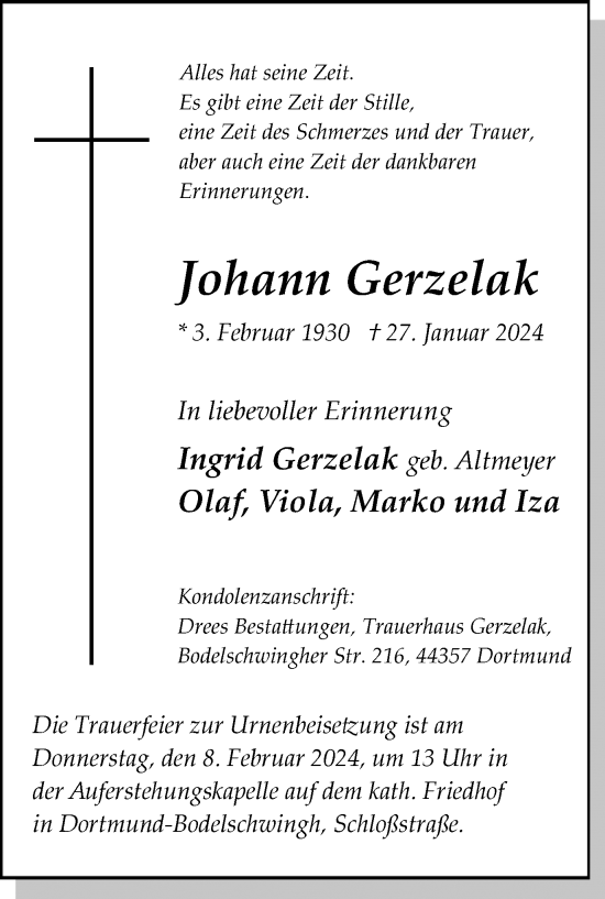 Traueranzeige von Johann Gerzelak 