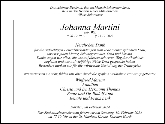 Traueranzeige von Johanna Martini von Ruhr Nachrichten und Dorstener Zeitung