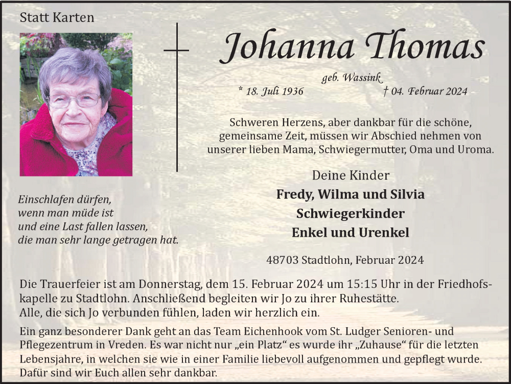  Traueranzeige für Johanna Thomas vom 10.02.2024 aus Münstersche Zeitung und Münsterland Zeitung