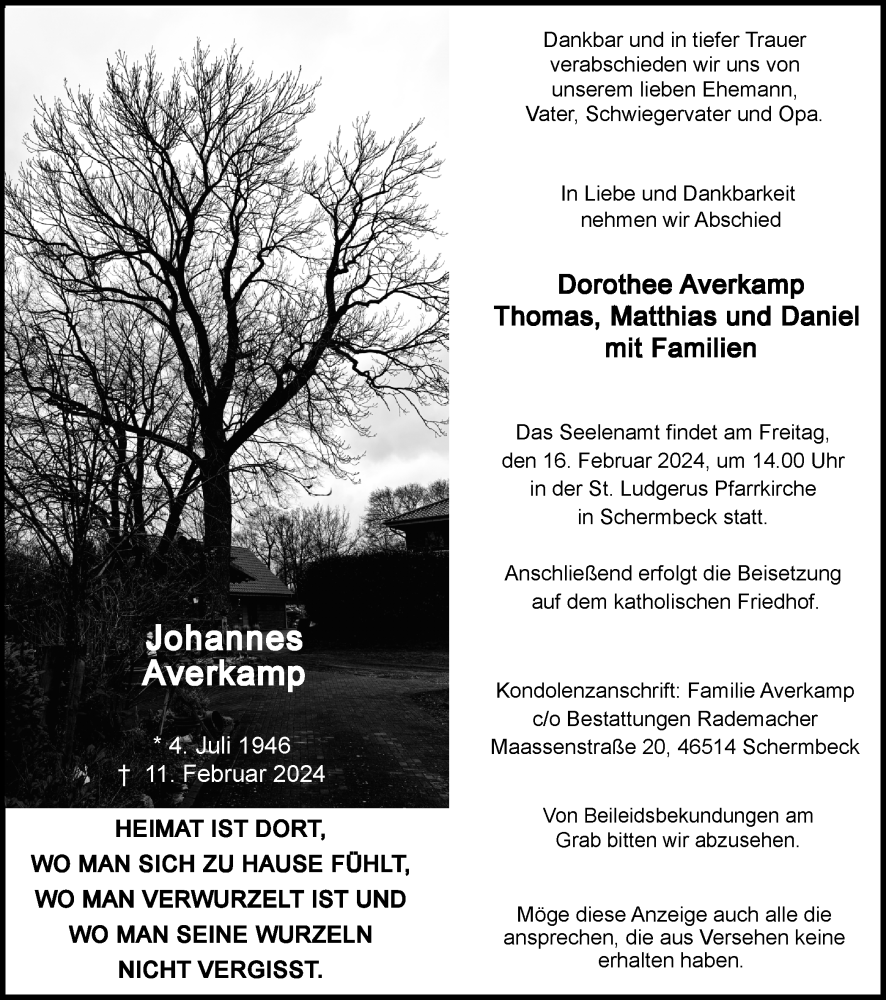  Traueranzeige für Johannes Averkamp vom 13.02.2024 aus Ruhr Nachrichten und Dorstener Zeitung